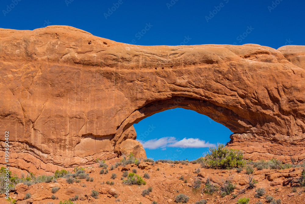 Beautiful autumn scenery in the Arches National Park, Utah, on a claer day with blue sky