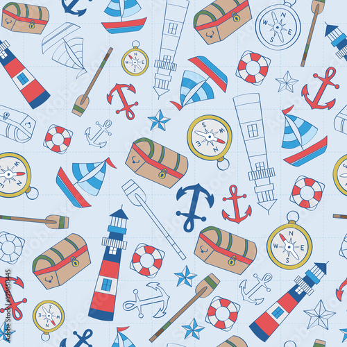 Mix pattern of chest, compass, lighthouse, anchor, boat. A playful, modern, and flexible pattern for brand who has cute and fun style. Repeated pattern. Happy, bright, and nautical mood. 