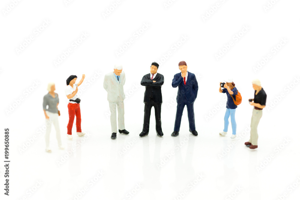 Miniature people : Moderator are interviewing guests, successful business executives. Image use for Entertainment Industry.