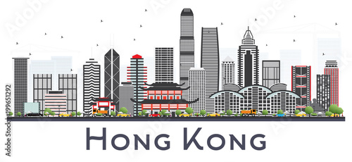Hong Kong China City Skyline with Gray Buildings Isolated on White.