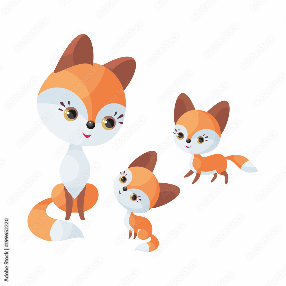 Fox family. Cute animal with cubs. Vector illustration in cartoon style isolated on a white background.