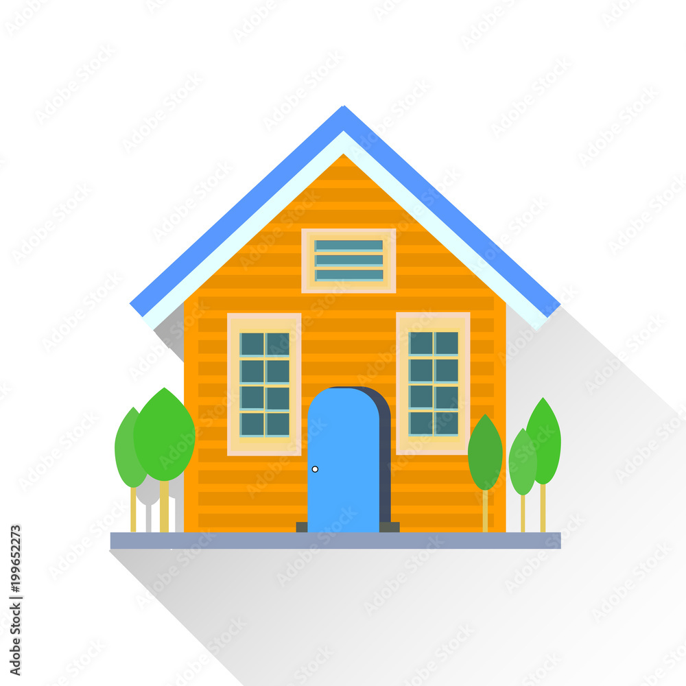 Yellow house-building, flat style on a white clean background with trees, Yellow house-building, flat style on a white clean background with trees,
