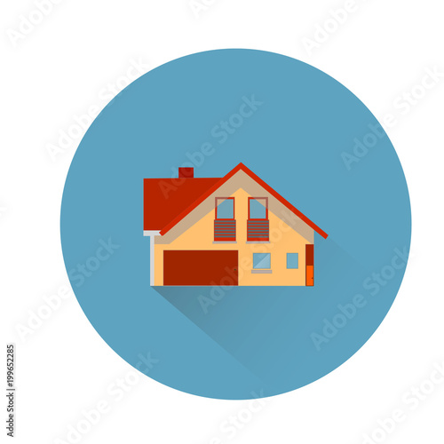 Brown house, round blue icon for site, flat style, on white background,