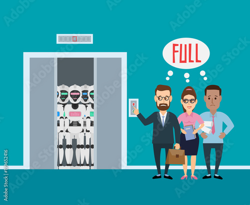 business people standing near elevator full of robots humanoid