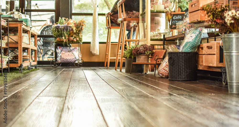 Naklejka premium space room at coffee shop and wooden floor bottom view