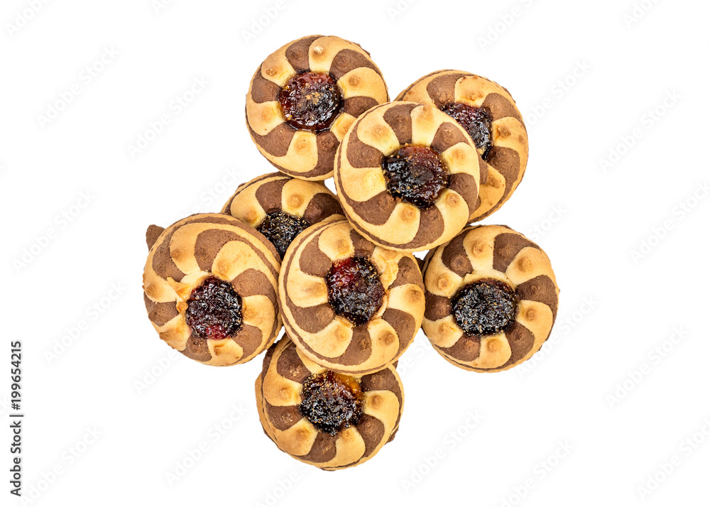 Heap of cookies with jam isolated on white. Top view. Heap of cookies with jam isolated on white. Top view.