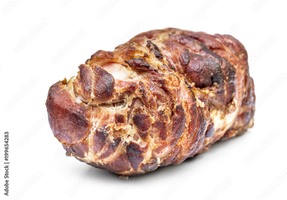 Smoked ham on white background. Close up. Smoked ham on white background. Close up.