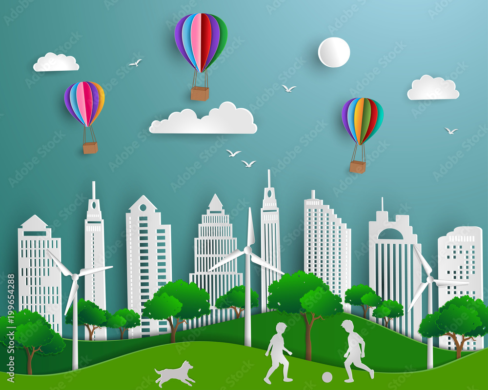 Concept of eco friendly save the world and environment,paper art scene background with urban city green energy nature landscape,vector illustration