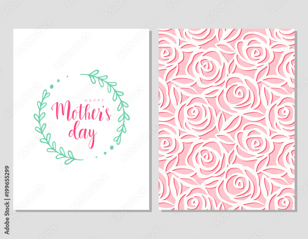 Happy mother's day template cards set. Vector greeting card with rose floral pattern and text in floral frame. Greeting cute pink card for Mother's day.