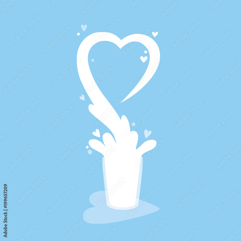Cartoon cute glass milk, Splash is heart-shaped vector. Blue background.