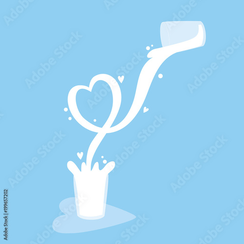 Cartoon cute two glasses milk, Splash is heart-shaped vector. Blue background.