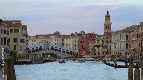 View of the Grand Canal and the Rialto Bridge in Venice at sunset, 4k
