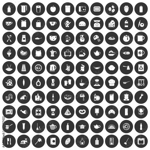 100 kitchen icons set black circle photo