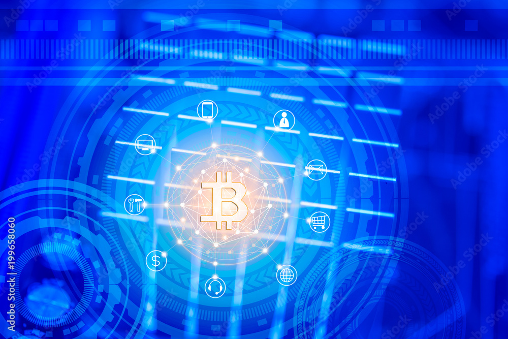 Abstract background concept of bitcoin crypt currency block chain with business and finance icon and circuit board background Abstract background concept of bitcoin crypt currency block chain with business and finance icon and circuit board background