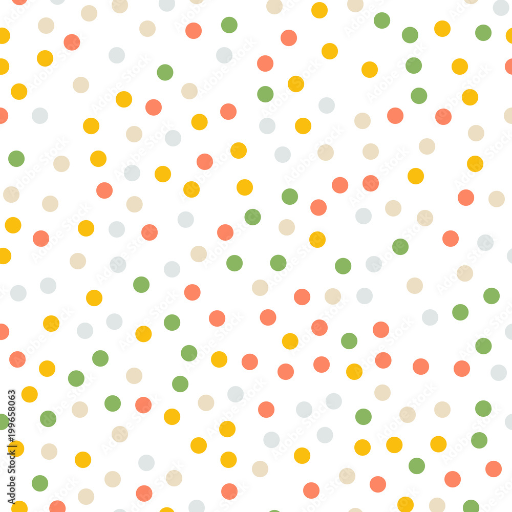 Colorful polka dots seamless pattern on white 5 background. Glamorous classic colorful polka dots textile pattern. Seamless scattered confetti fall chaotic decor. Abstract vector illustration. Colorful polka dots seamless pattern on white 5 background. Glamorous classic colorful polka dots textile pattern. Seamless scattered confetti fall chaotic decor. Abstract vector illustration.