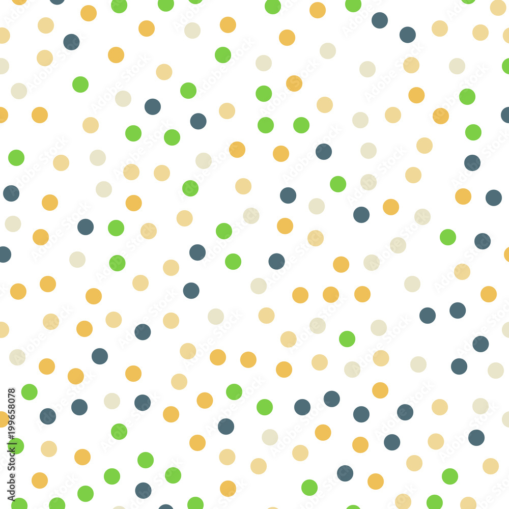 Colorful polka dots seamless pattern on black 13 background. Bewitching classic colorful polka dots textile pattern. Seamless scattered confetti fall chaotic decor. Abstract vector illustration.