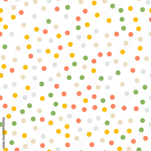 Colorful polka dots seamless pattern on white 5 background. Glamorous classic colorful polka dots textile pattern. Seamless scattered confetti fall chaotic decor. Abstract vector illustration.