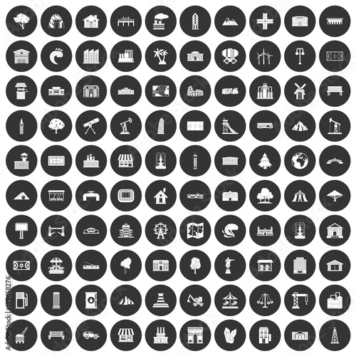 100 landscape element icons set black circle