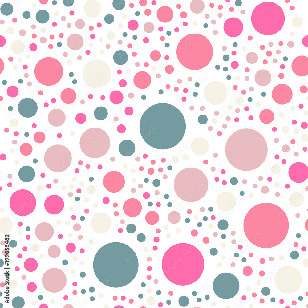 Colorful polka dots seamless pattern on white 8 background. Unique classic colorful polka dots textile pattern. Seamless scattered confetti fall chaotic decor. Abstract vector illustration.
