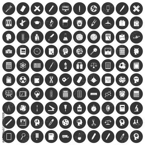 100 learning icons set black circle