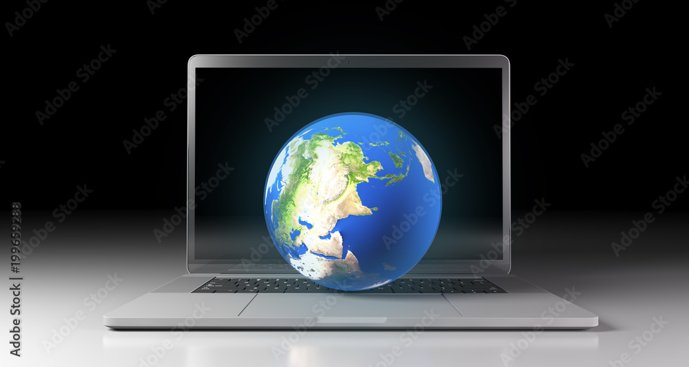 3D Rendering Of Realistic Planet Earth Globe Over Laptop Keyboard The Elements Of This Image Furnished By NASA 3D Rendering Of Realistic Planet Earth Globe Over Laptop Keyboard The Elements Of This Image Furnished By NASA