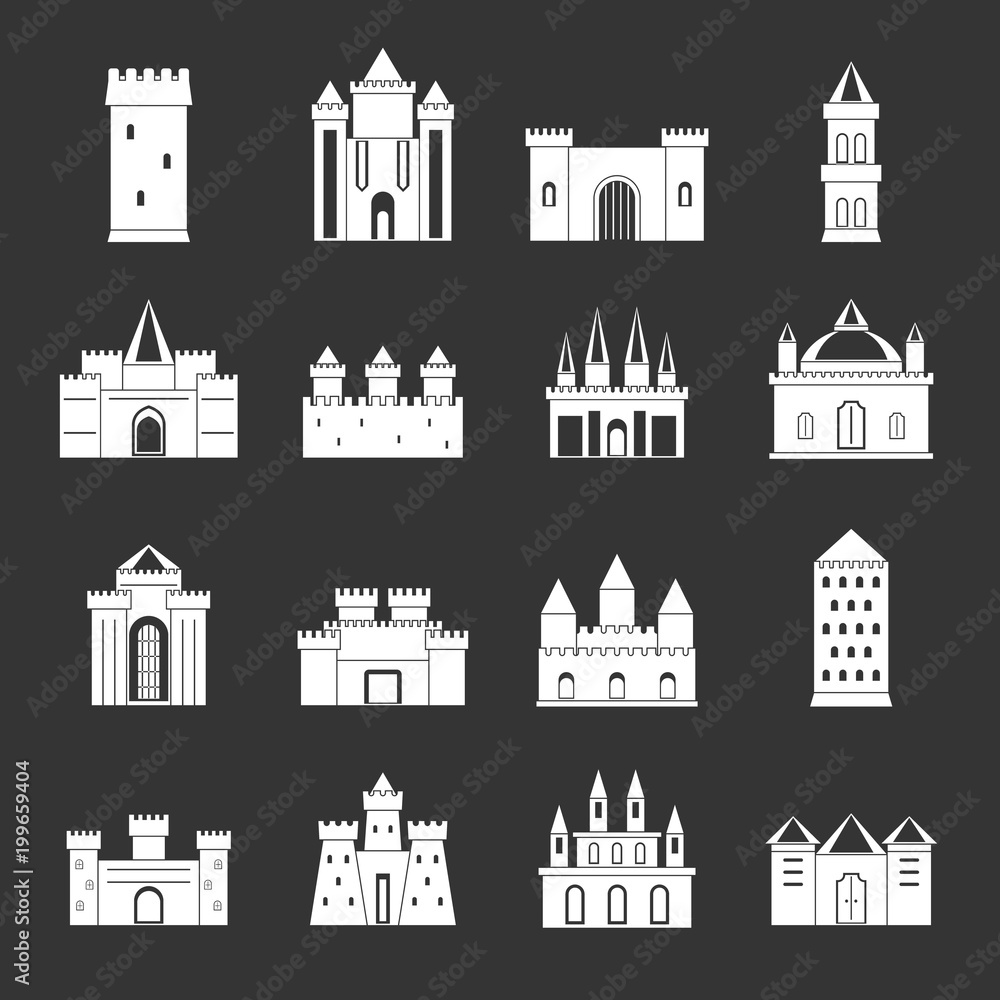 Towers and castles icons set grey vector
