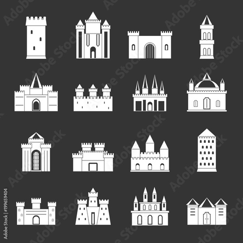 Towers and castles icons set grey vector