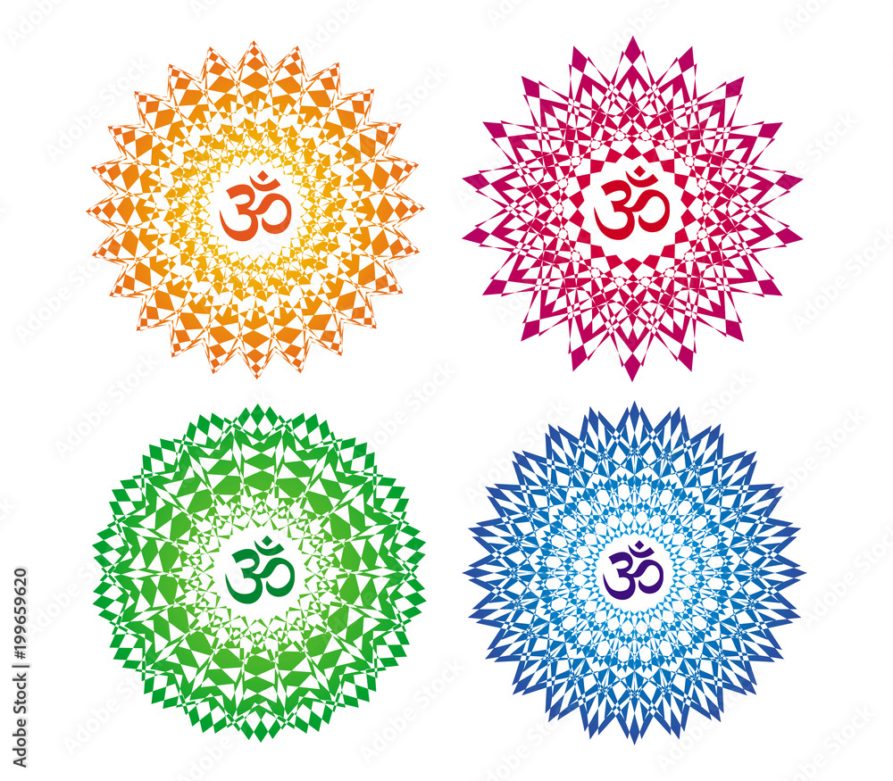 6 mandalas in various colors
 Aum (om) sign in a halo and openwork pattern. Spiritual symbol. Motives of Eastern culture. Vector graphics.
