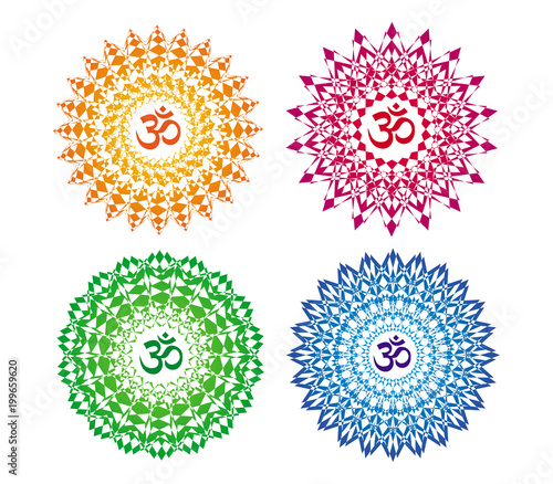 Wallpaper Mural 6 mandalas in various colors
 Aum (om) sign in a halo and openwork pattern. Spiritual symbol. Motives of Eastern culture. Vector graphics.
 Torontodigital.ca