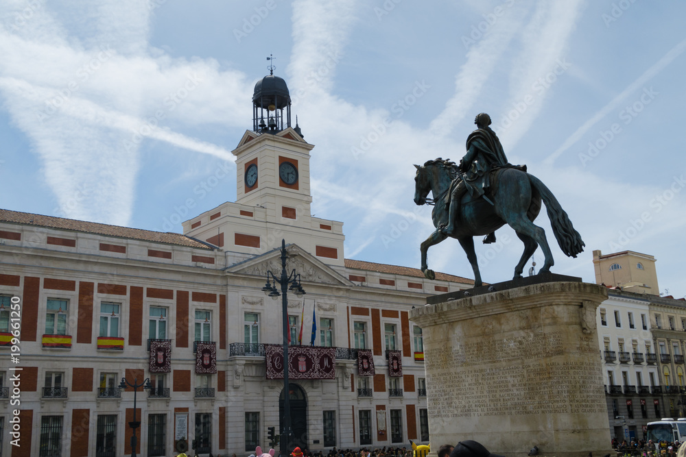 Puerta del Sol Square in Madrid with the clock building, seat of the regional government