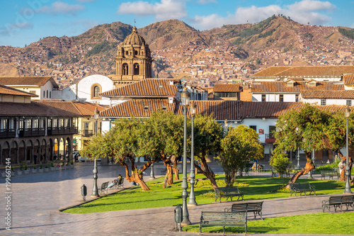 The Plaza de Armas and the tower of La Merced in Cusco. (Peru)