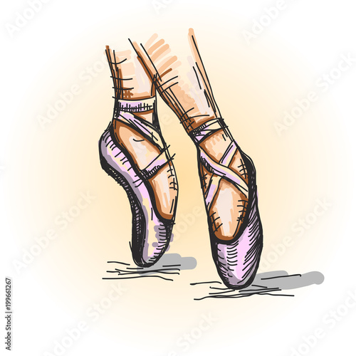 Pointe shoes. Ballerina performs ballet. Hand-painted vector illustration.