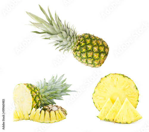 set of pineapple fruit isolated on white