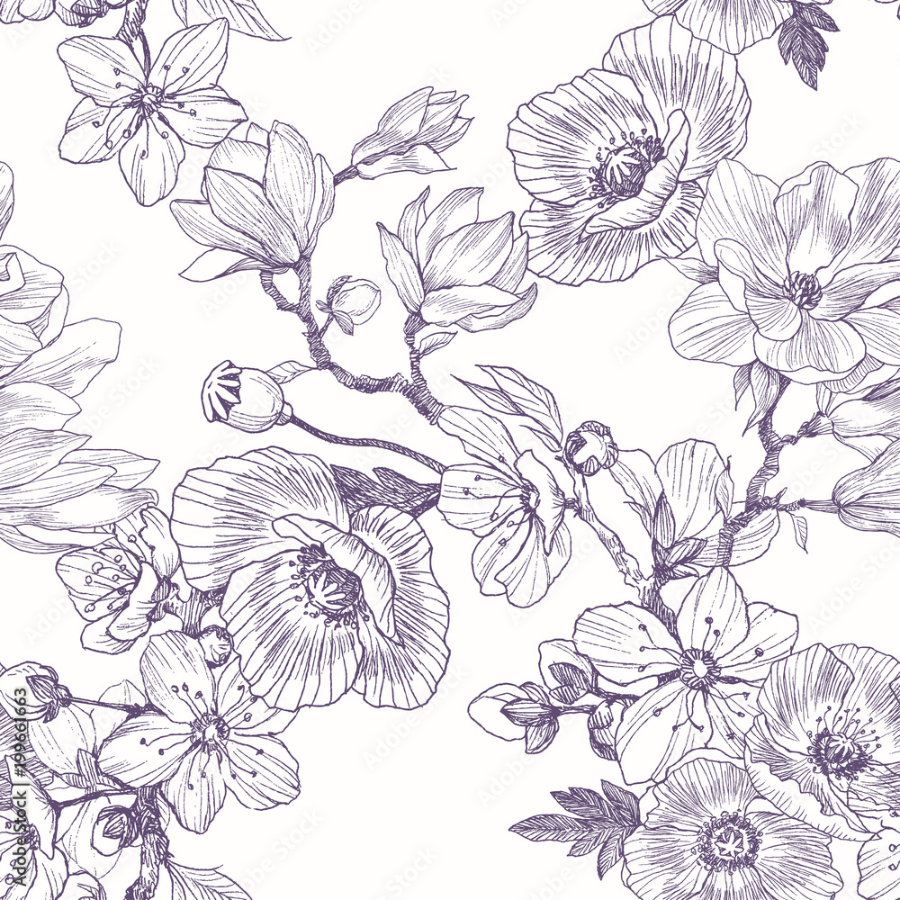 Obraz premium Different beautiful flowers seamless pattern. Vintage botanical hand drawn illustration. Spring flowers of apple or cherry tree, magnolia, poppy