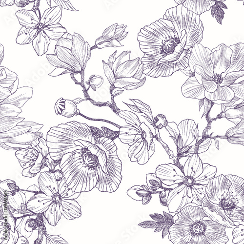 Different beautiful flowers seamless pattern. Vintage botanical hand drawn illustration. Spring flowers of apple or cherry tree, magnolia, poppy photo