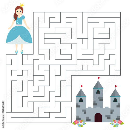 Educational maze game for preschool kids. Help the princess find right way to the castle. Fairy tale theme. Vector illustration