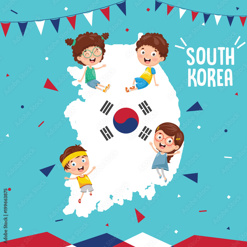 Fototapeta premium Vector Illustration Of South Korea Flag And Kids