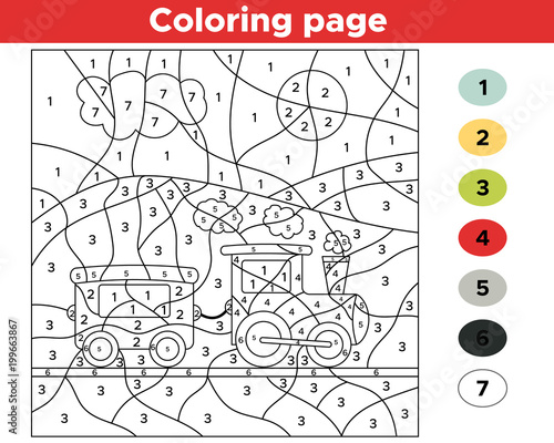 Educational number coloring page for preschool children. Funny cartoon train. Vector illustration