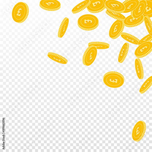 British pound coins falling. Scattered big GBP coins on transparent background. Elegant scattered top right corner vector illustration. Jackpot or success concept.