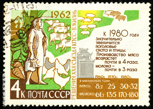 Ukraine - circa 2018: A postage stamp printed in USSR show propaganda poster Dairy-farming and statistics. Forecast until 1980. Series: Resolution of 22nd Communist Party Congress. Circa 1962. photo