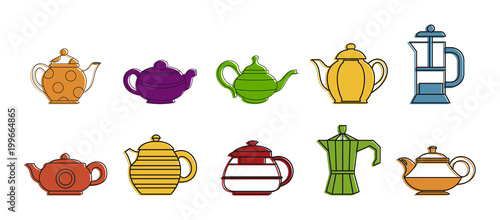Tea pot icon set, color outline style