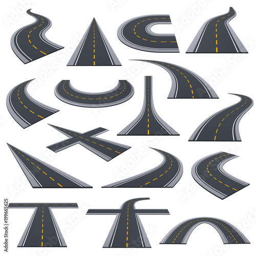 Set of various types of asphalted roads, track, highways, turns.
