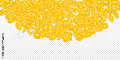 Bitcoin, internet currency coins falling. Scattered big BTC coins on transparent background. Surprising top semicircle vector illustration. Jackpot or success concept.