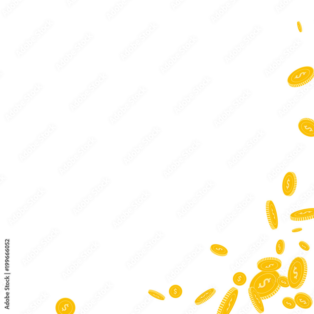 American dollar coins falling. Scattered disorderly USD coins on white background. Alluring abstract right bottom corner vector illustration. Jackpot or success concept.