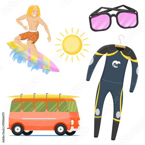 Surfing active water sport surfer summer time beach activities man windsurfing jet water wakeboarding kitesurfing vector illustration.