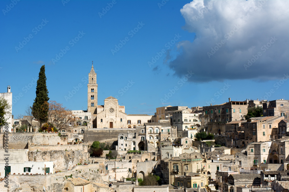 Horizontal View of the City of Matera on Blue Sky Background. Matera, South Of Italy