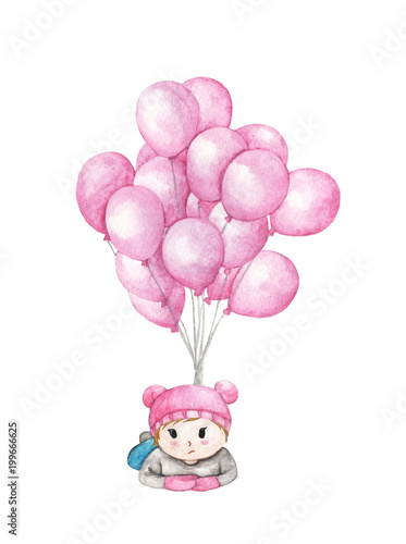Child flying with pink balloons isolated on white background. Hand drawn watercolor illustration