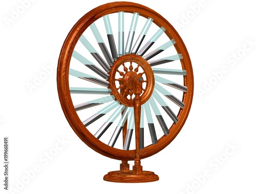 Bhaskara`s wheel. Perpetual motion machine. Perpetuum mobile. Physics. 3D illustration isolated on a white background. photo