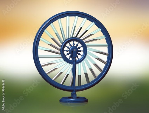 Bhaskara`s wheel. Perpetual motion machine. Perpetuum mobile. Physics. 3d illustration on a background of the colors of the flag of India. photo