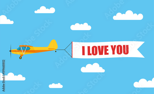 Flying advertising banner, pulled out by light aircraft with the inscription "I LOVE YOU" - stock vector.